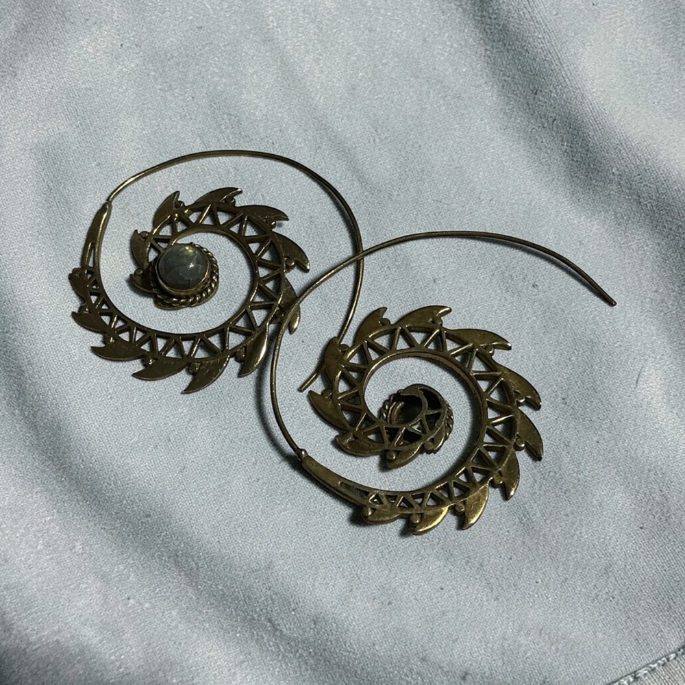 Spiral Sunburst Brass Drop Earrings with Stone